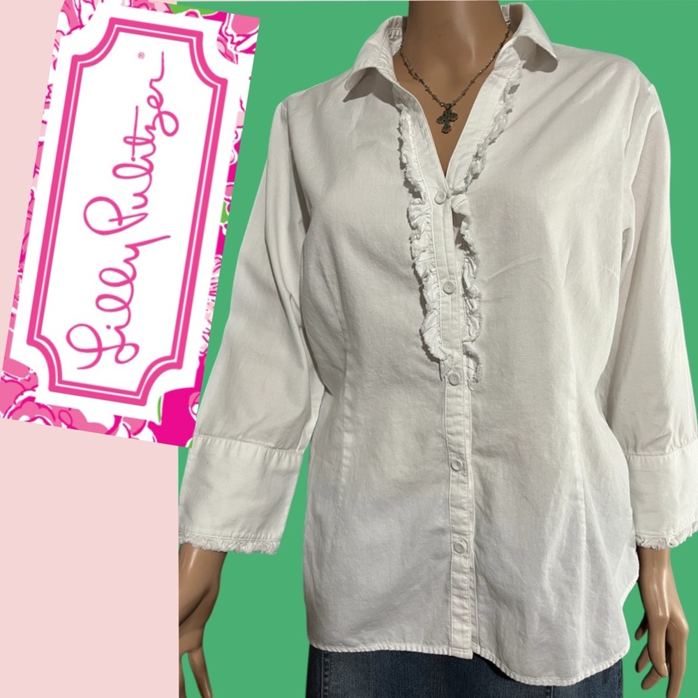 Lilly Pulitzer 100% Cotton White Ruffle Blouse Size 14